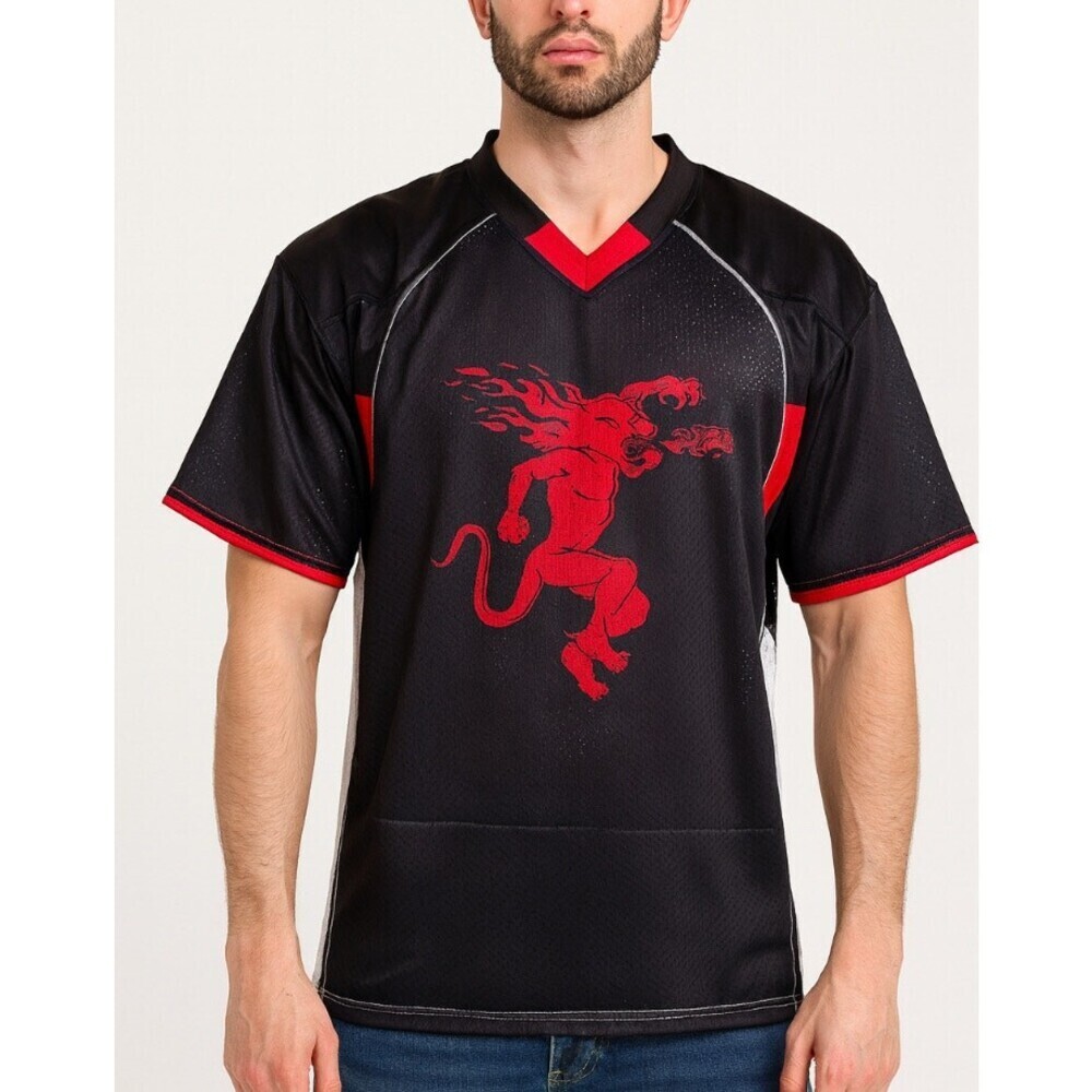 Men's Fireball Whiskey flame devil Football Jersey Black/red breathable 66 SZ LG